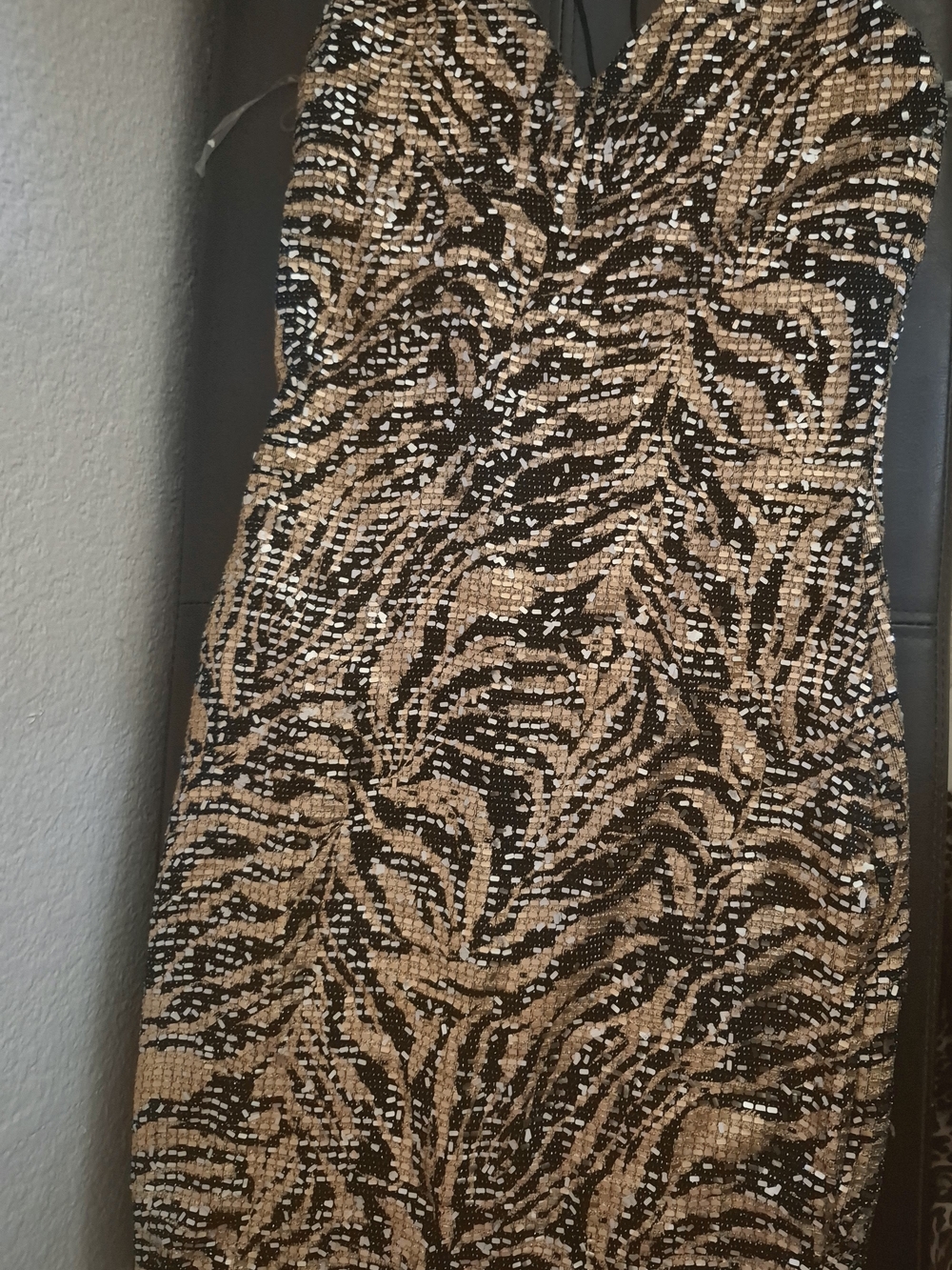 Mini Spaghetti Strap Sequin Animal Print Cocktail Dress in Gold and Black